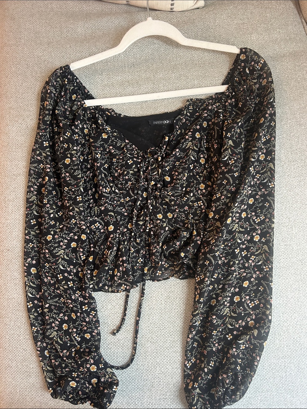 Papermoon Black Floral Drawstring Peasant Blouse